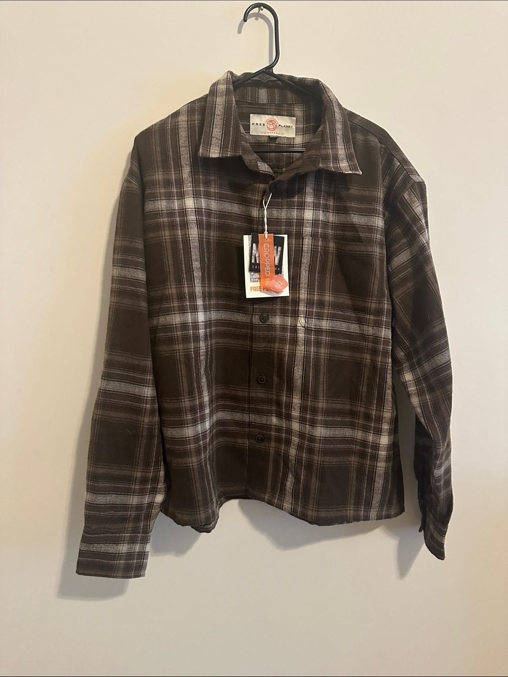 Free Planet Brown and Gray Plaid Button-Down Shirt cropped boxy fit